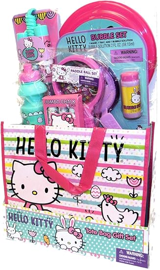 Amazon.com: Megatoys Juego de regalo, botella de agua Hello Kitty, tiza jumbo, cuerda de saltar, juego de bolas de pala, burbujas y un disco volador en una bolsa de Hello Kitty: Toys