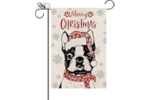 QIONG MENG Merry Christmas Garden Flag Boston Terrier Dog with Scarf Xmas Winter Holiday Decorations Vertical Double Sided For Outside Yard Lawn Decor 12.5 x 18 Inch