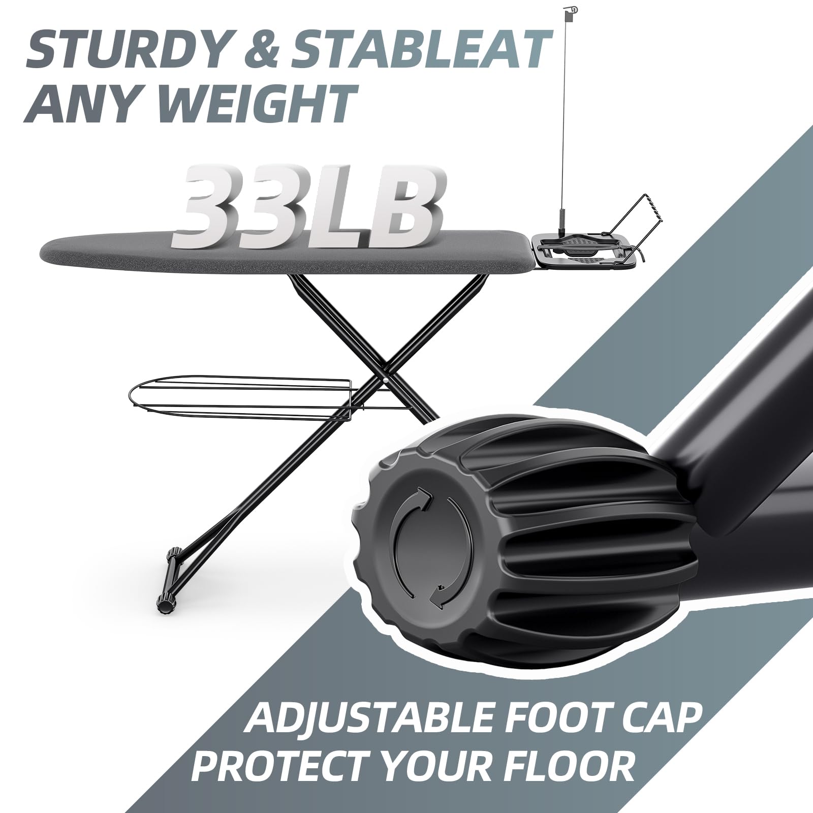KINGBOARD Ironing Board, Compact Iron Board Full Size with Extra Thick Cover, 7 Adjustable Heights Stand with Hanger and Iron Rest, Large Heavy Duty Ironing Board with Storage Tray, 13x43 Black