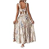 Floerns Women's Tropical Bow Tie Backless Boho Maxi Dress Tiered Ruffle Flowy Beach Dresses