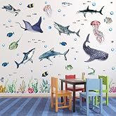 3 Pcs Large Watercolor Sharks Wall Decals Ocean Animal Peel and Stick | Wall Sticker Under The Sea Marine Life Theme Decals Nursery Room Home Decor Party Supply, 11.2 x 34.6 Inches