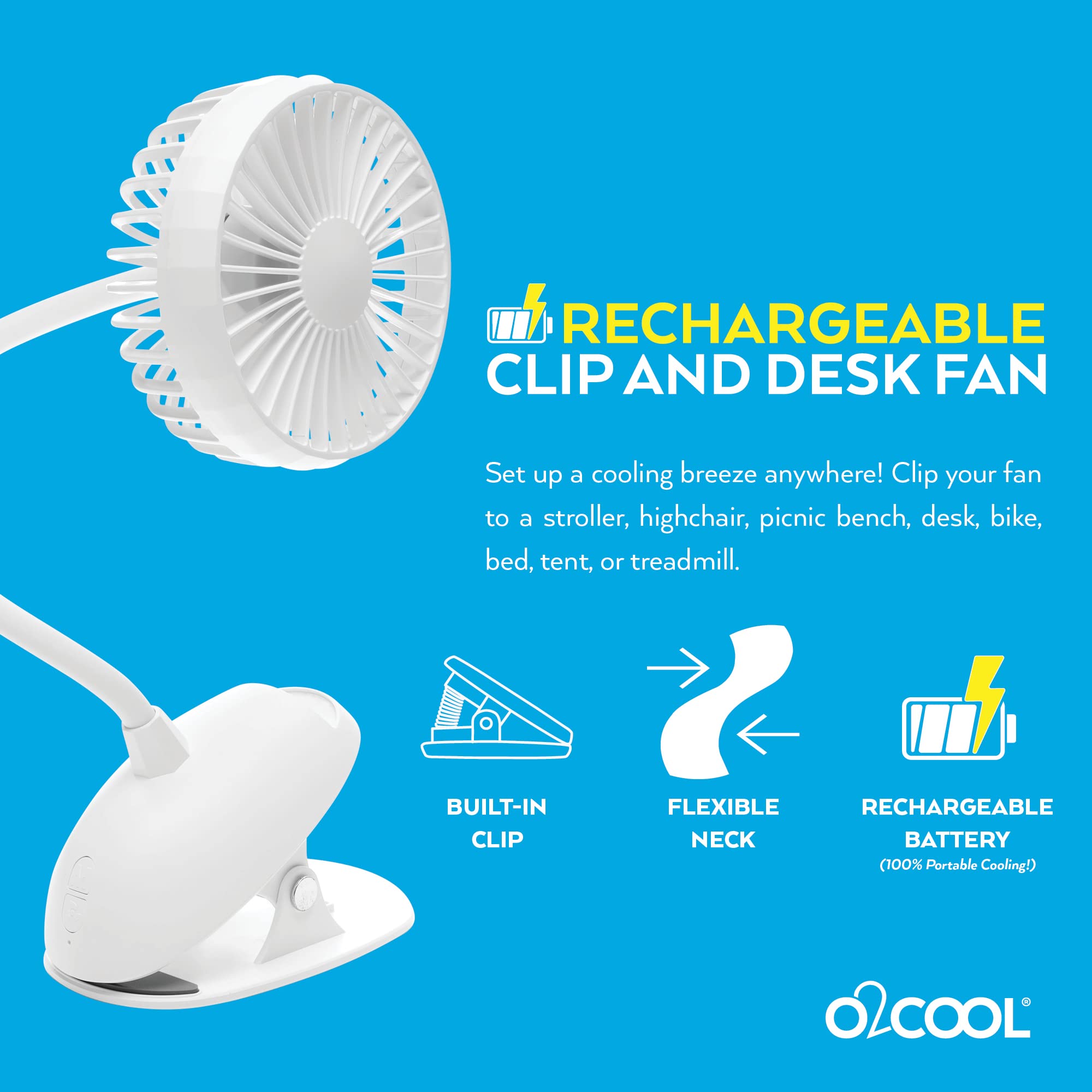 O2COOL Rechargeable USB Battery Clip Fan 5 Inch Adjustable Fan with 3 Speeds, Adjustable Neck, Long Gooseneck, Powerful Clip for Desk, Stroller, and Travel