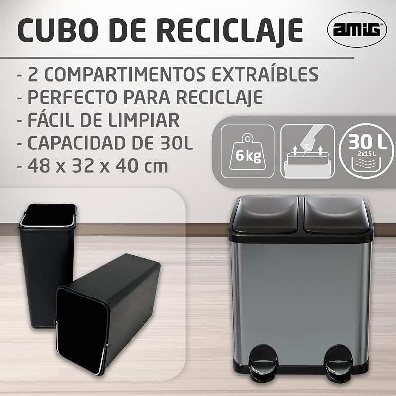 Amig - lixeira dupla com pedais | lixeira anti-impressão digital para cozinha | aço inoxidável | 2 compartimentos x 15 l | 48x32x40cm | prata