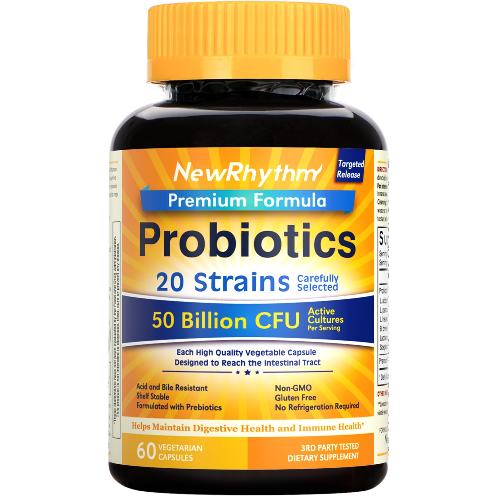 NewRhythm Probiotics 50 Billion CFU 20 Strains, 60 Veggie Capsules, Targeted Release Technology, Stomach Acid Resistant, No Need for Refrigeration, Non-GMO, Gluten Free