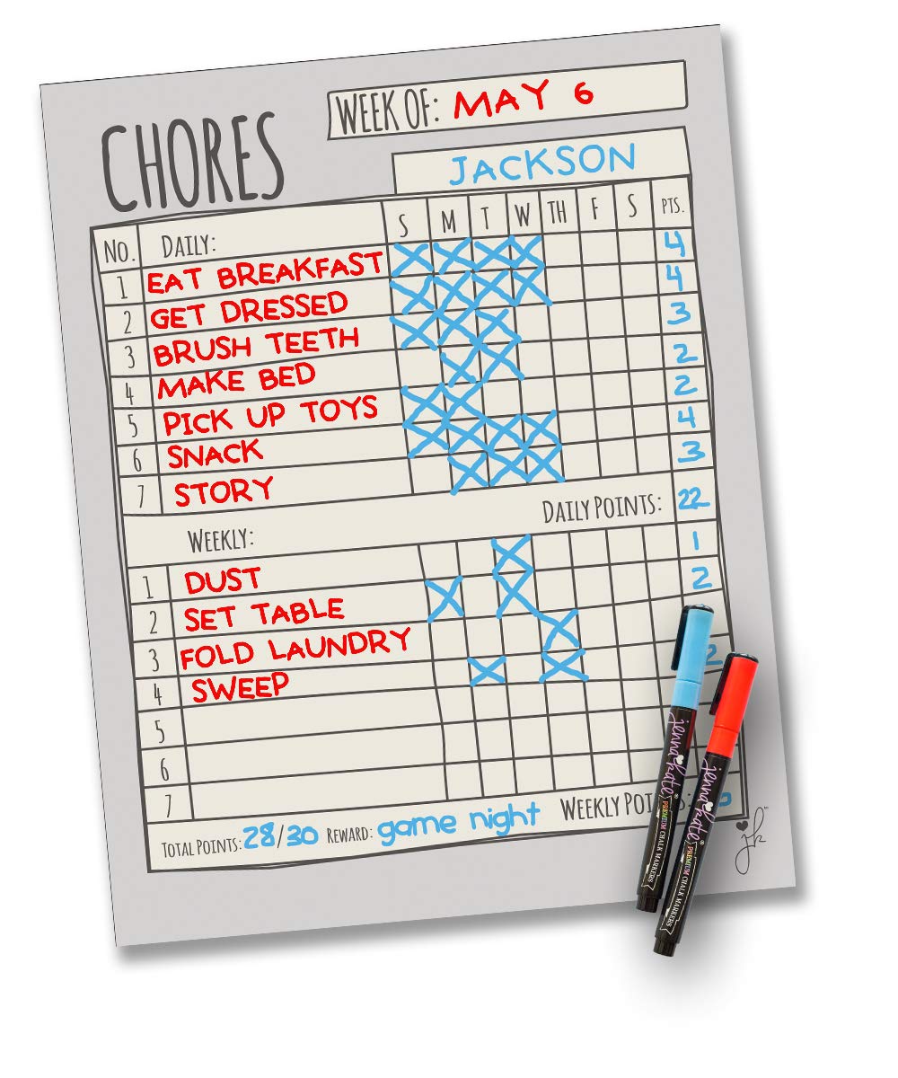 Jennakate Grey Magnetic Single Child Behavior Reward Chore Chart-Daily Household Chore Checklist - Behavior List- Job Chart-Dry Erase- 11"x14"- Liquid Chalk Markers