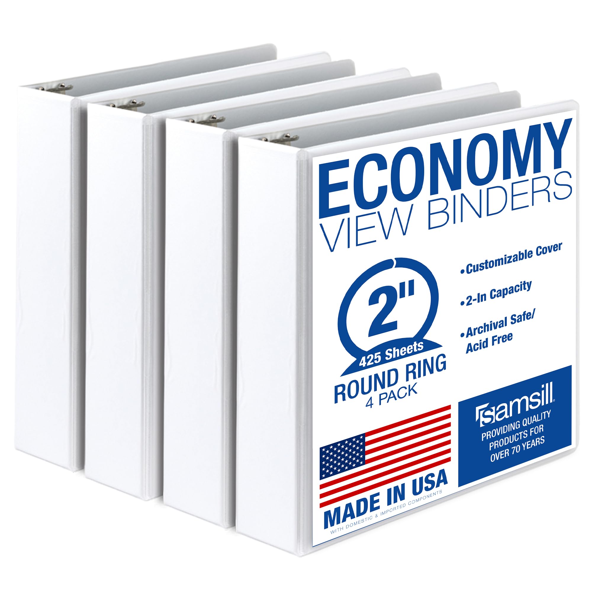 Photo 1 of Samsill 2 Inch 3 Ring Binders, Economy Round Ring, Clear View Cover, 425 Sheet Capacity - for School, Home, Office - White, 4 Pack