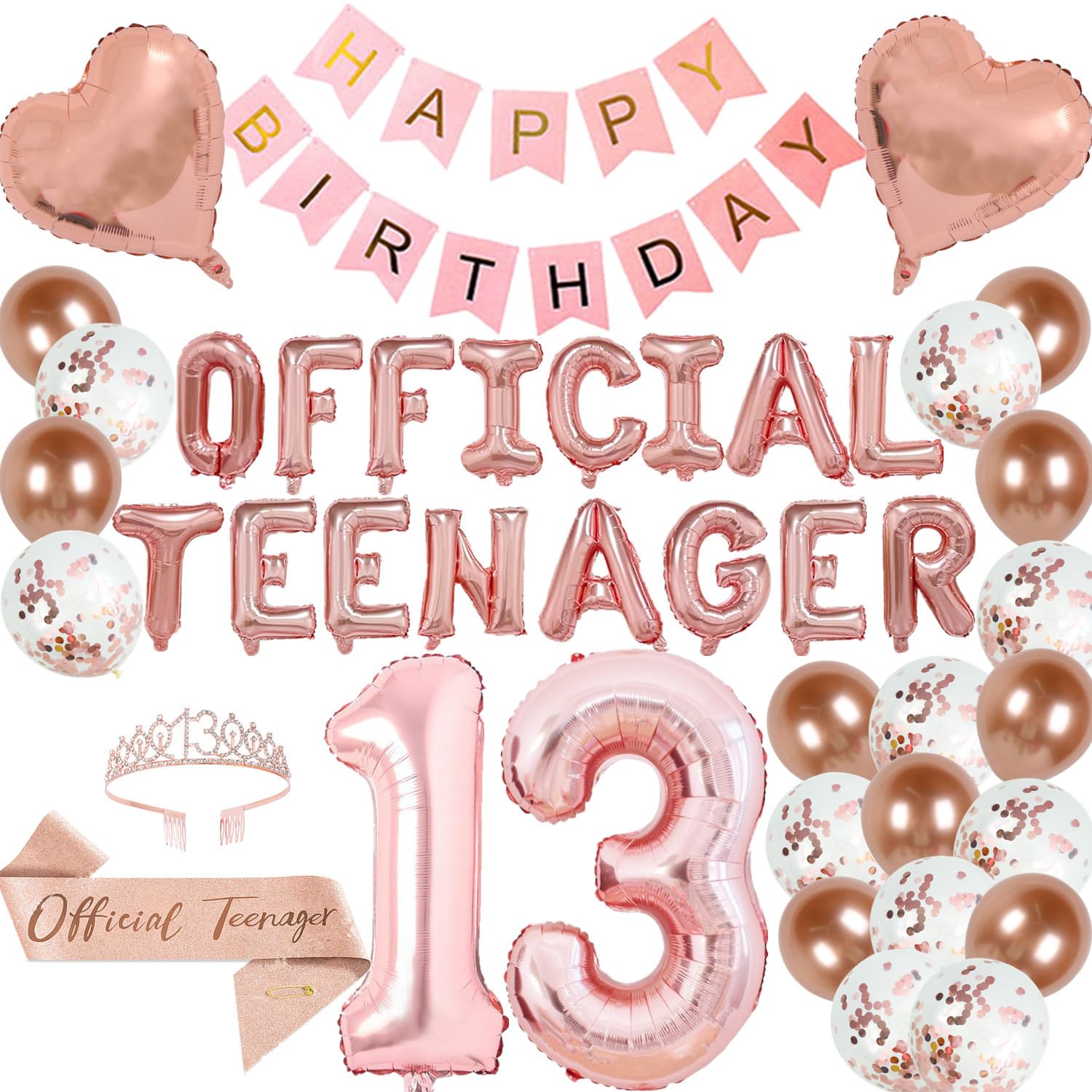 Photo 1 of 13th Birthday Party Decorations OFFICIAL TEENAGER Party Balloons 13th Birthday Tiara Official Teenager Sash Happy Birthday Banner for 13 Year Old Girls Birthday Party Favor Supplies (rose gold)