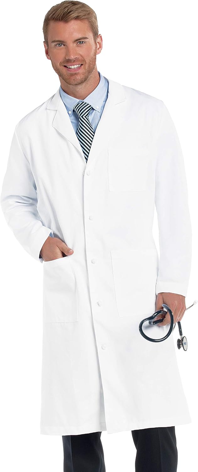 Landau Men's 3-Pocket, Classic Relaxed Fit, 5-Button, Full-Length, Cotton Twill Lab Coat 3138: Medical Lab Coats: Clothing