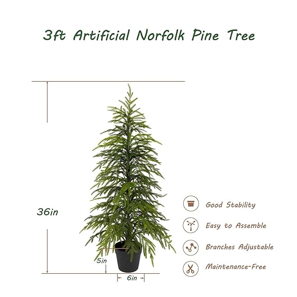 3FT NORFOLK PINE CHRISTMAS TREE UV RESISTANT, 36IN FAUX NORFOLK PINE TREE WITH SOFT REAL TOUCH CLEARLY TEXTURED LEAVES, STURDY ARTIFICIAL PINE TREE FOR PORCH PATIO OUTDOOR DECOR