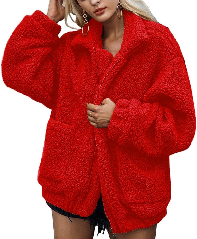 Romanstii Ladies Jacket Women's Fleece Faux Fur Coats Casual Outerwear Tops Open Front Cardigan Jacket Sweater with Pockets