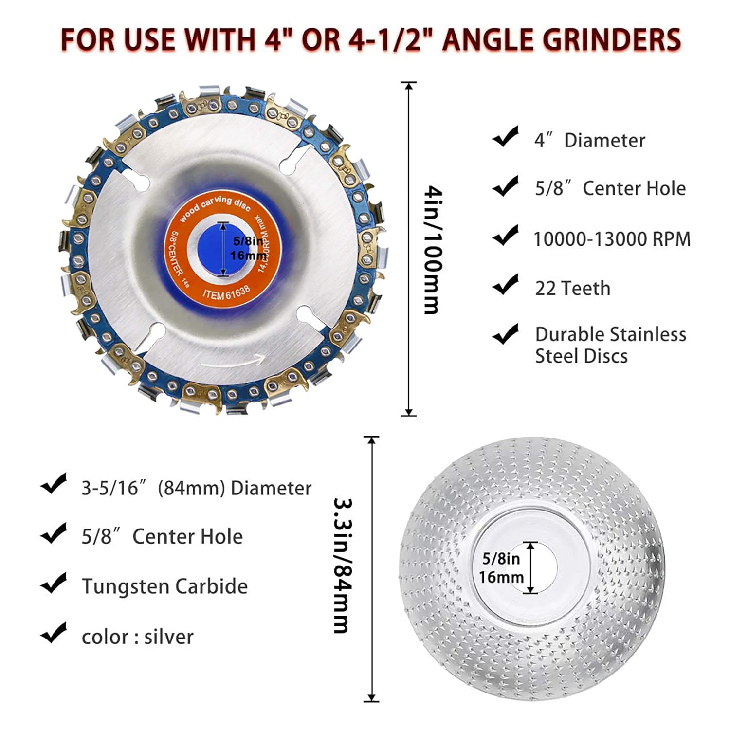 CZS Wood Carving Disc Grinder Shaping Disc Wood Grinding Wheel Woodworking Angle Grinder Attachment, Chain Disc & Coarse Disc, 5/8" Arbor (1+1 Pack): Industrial & Scientific