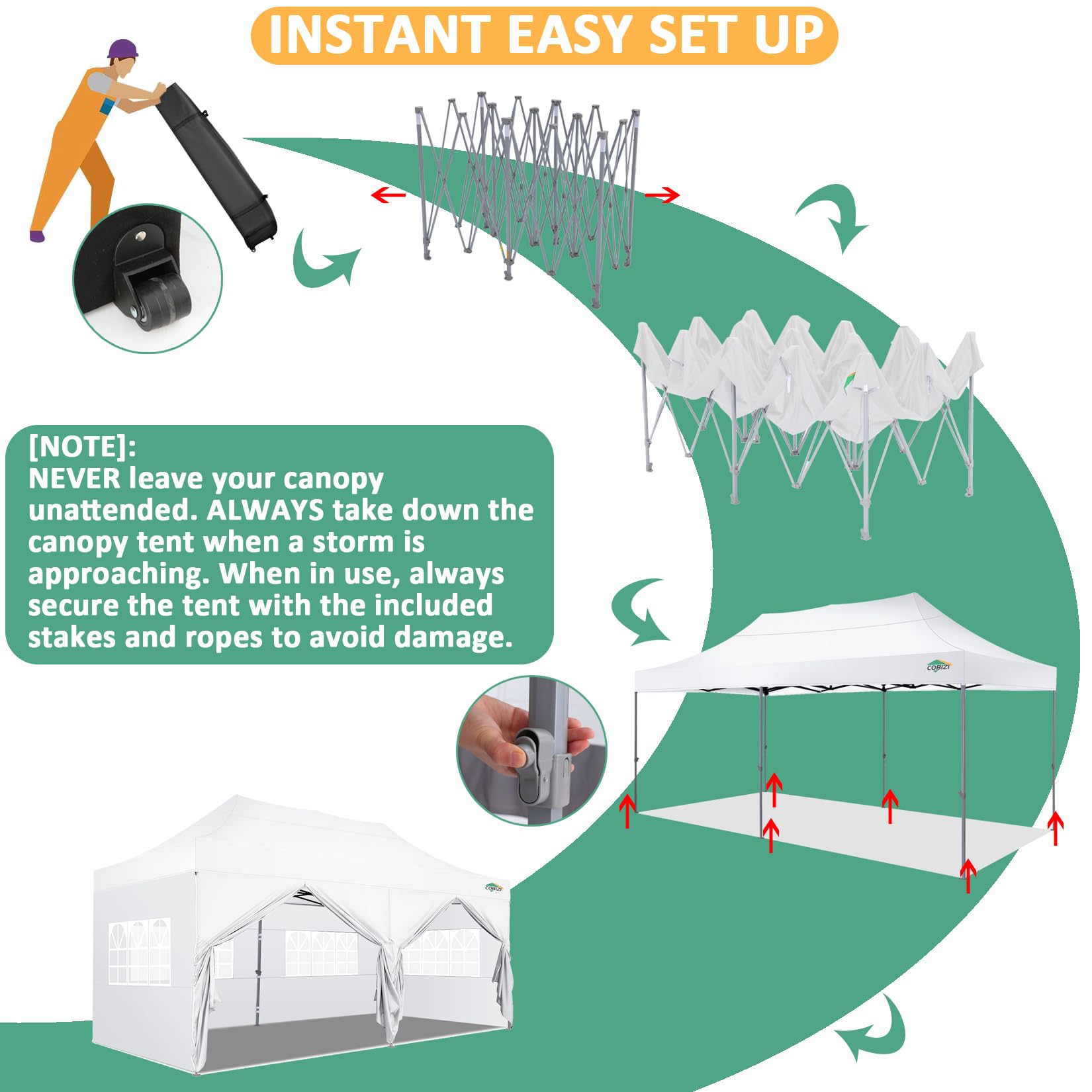 COBIZI Faltpavillon 3x6 Wasserdicht Stabil Winterfest mit Seitenwand,Pop Up Pavillon Partyzelt,Sonnenschutz Gartenpavillon,Pavillon Faltbar mit Tasche mit Rollen(3 mal 6m Weiss) 5