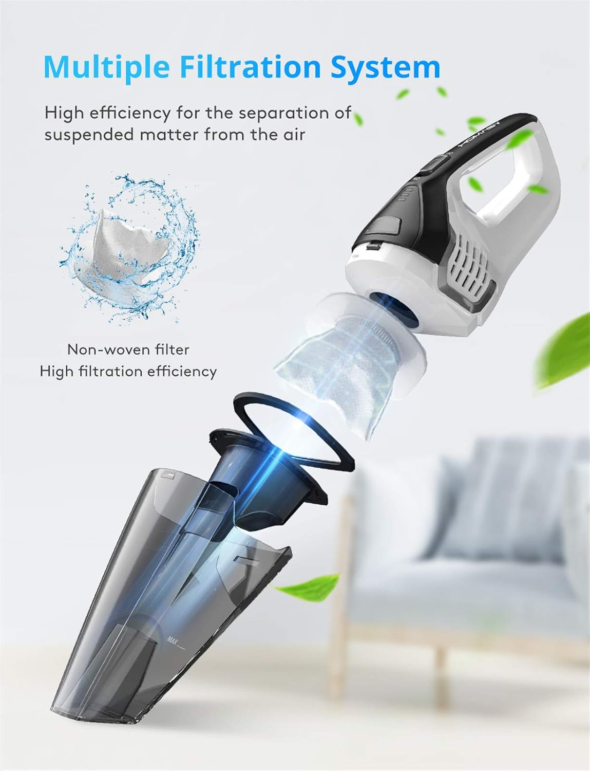 Homasy Handheld Vacuum Cordless, 8Kpa Hand Vacuum with Powerful Cyclonic Suction, Portable Vacuum Cleaner with Long Lasting up to 30mins (Wet&Dry, 3H Charging) for Pet Hair, Dust, Gravel, Home Cleaning -