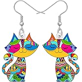 BONSNY Colorful Cat Earrings Geometric Tribal Pattern Dangle Jewelry for Women Kitten Lovers Gifts Novelty Fun Hypoallergenic Charms