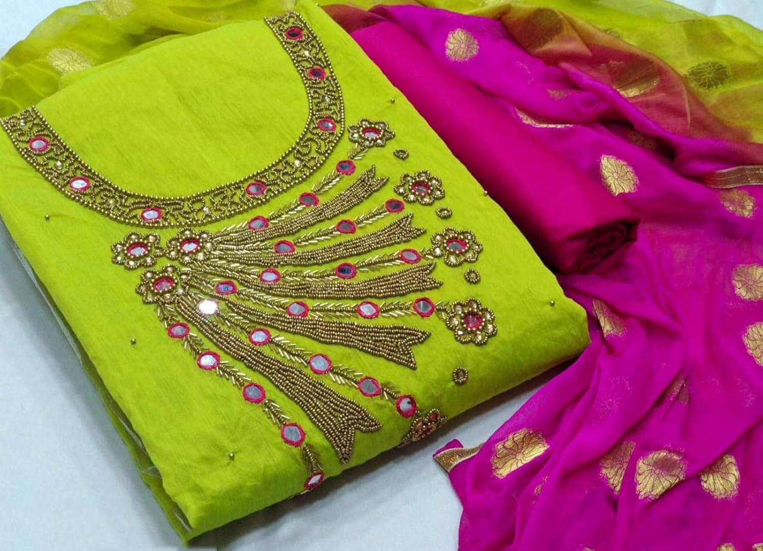 parrot green and pink combination dresses