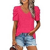 LCXWFE Womens Casual V Neck T Shirt Puff Sleeve Tops Ruched Elegant Summer Shirts