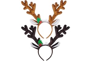 Fengek 2 Pieces Christmas Reindeer Antler Headbands 14.2 Inch Length Hair Hoop Reindeer Plush Headband with Bells for Christmas Cosplay Dressing Party, 2 Colors