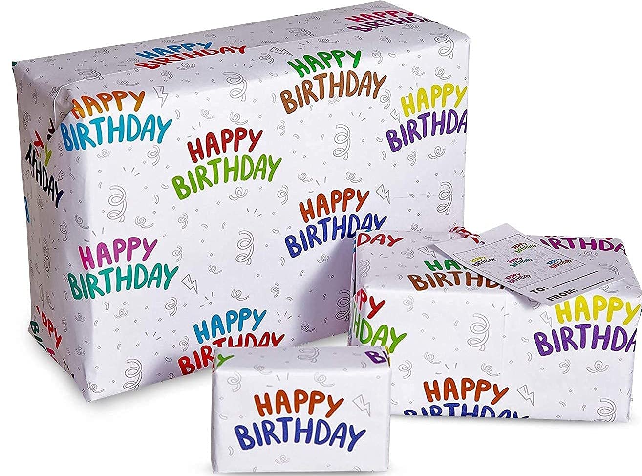 Happy Birthday Wrapping Paper with Matching Gift Tags and Twine, 4 Extra Large Fully Recyclable Sheets, 85 x 60 cm. Produced in The UK.
