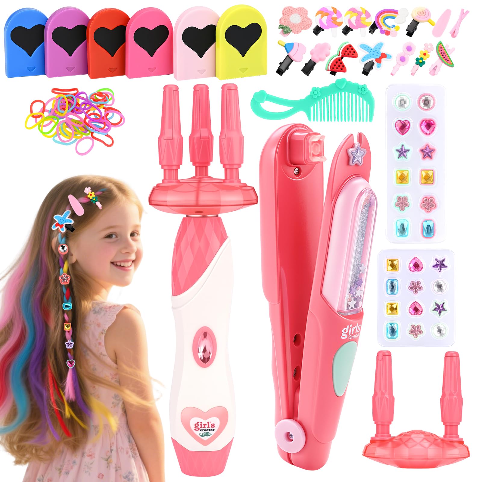 Photo 1 of Dreamon 51 Pcs Hair Styling Tools - Hair Gem Stamper Kit and Automatic Hair Braider - Bling Hair Jewels for Girl with Reusable Shining Diamonds and Hair Chalk - Hair Salon Toys Christmas Birthday Gift