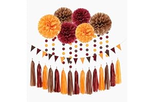 Brown Burgundy Orange Party-Decorations - 23pcs Fall Autumn Thanksgiving Harvest Paper Tissue Pom Poms Streamers,Rustic Boho Wedding Tassel Garland Banner,Birthday Baby Shower Decor Lasting Surprise