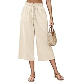 LOMON Women's Linen Capri Pants Wide Leg with Drawstring Elastic Waist Casual Cropped Pant