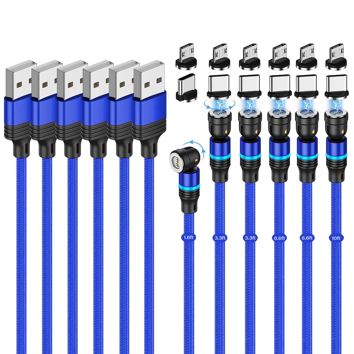 Photo 1 of Losuesme Magnetic Charging Cable (6-Pack,1.6+3.3+3.3+6.6+6.6+10ft) 540° Rotation Magnet Phone Charger USB C Cable 3A Fast Charging Magnetic Charger Cable with LED Light for Micro USB Type C Device