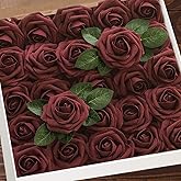 Higfra Artificial Flowers 25pcs Real Looking Burgundy Foam Fake Roses with Stems for DIY Wedding Bouquets White Bridal Shower Centerpieces Arrangements Mothers Day Party Tables Decorations