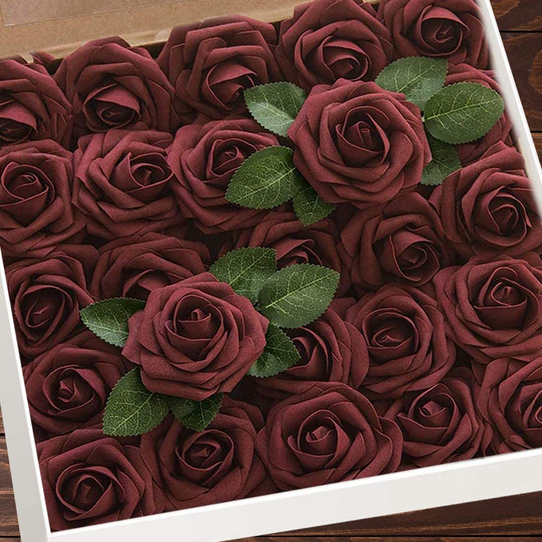 Photo 1 of Higfra Artificial Flowers 25pcs Real Looking Burgundy Foam Fake Roses with Stems for DIY Wedding Bouquets White Bridal Shower Centerpieces Arrangements Mothers Day Party Tables Decorations