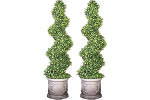 VIVATREES 3FT Artificial Spiral Boxwood Topiary Trees with Antique-White Roman-Style Planter - Outdoor&Indoor Year-Round Garden, Porch, Entryway Decor (2 Pack)