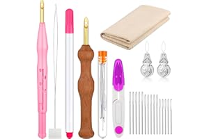 WILLBOND 17 Pcs Punch Needle Kit Adjustable Punch Needle Tool Include Wooden Handle Embroidery Pen Cloth Large Eye Sewing Needles for Beginners Adults DIY Craft Gifts(Pink, Purple)