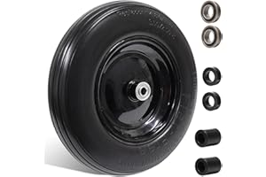PONTUSS 4.80/4.00-8" Flat Free Tire Wheelbarrow Tire with 3/4 & 5/8 Wheel Bearing 3" Hub 13"-16" Universal Fit Air Less Tire Solid Wheelbarrow Tire for Garden Cart Wagon Ribbed Tread Foamed Polyurethane Tire
