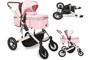 Trenana 2 in1 Baby Stroller,High Landscape Infant Stroller,Reversible Bassinet Stroller,Adjustable Backrest & Canopy,Foldable Aluminum Alloy Anti-Shock Stroller for Newborn (Silver-Pink)