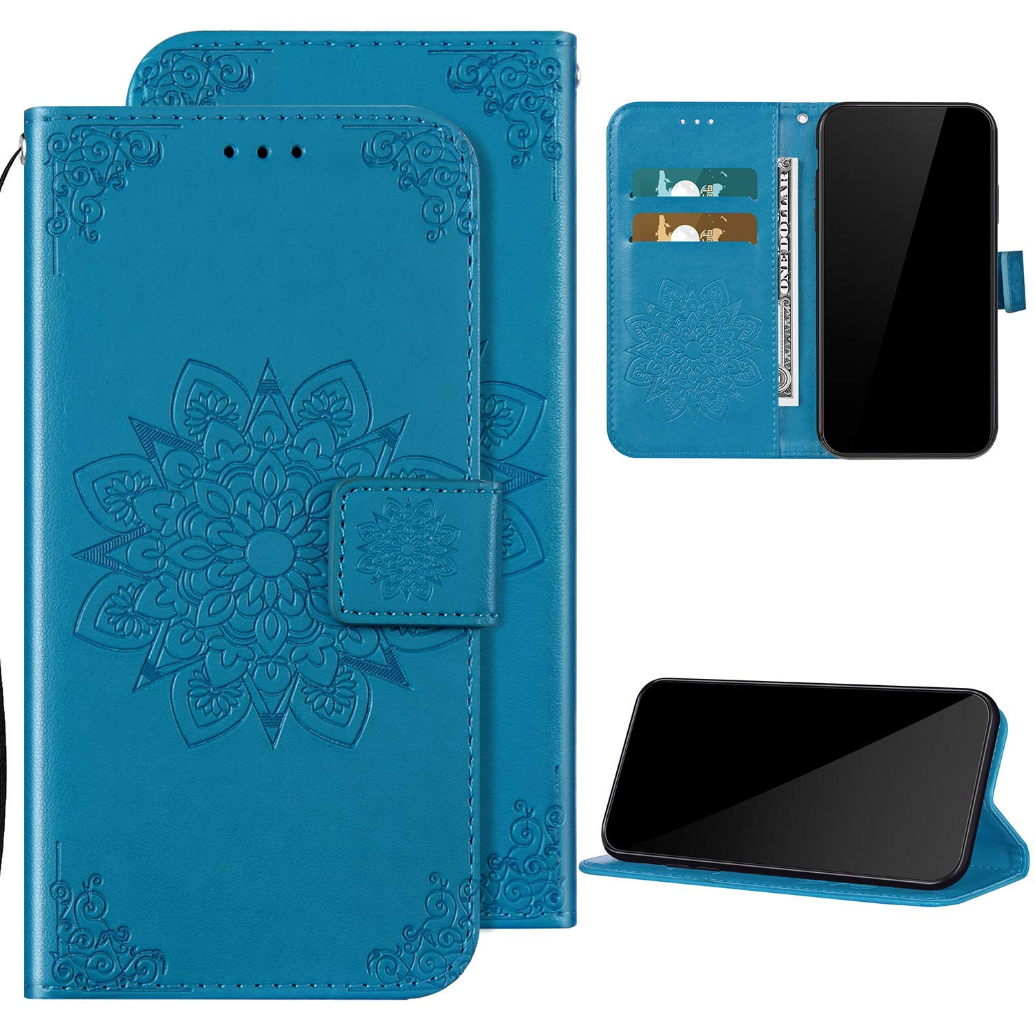 Compatible with Xiaomi Redmi 7 case, leather case, flip case, wallet, protective case, Qpolly flower pattern, PU leather mobile phone case with card slot, wallet, flip case, mobile phone case, blue