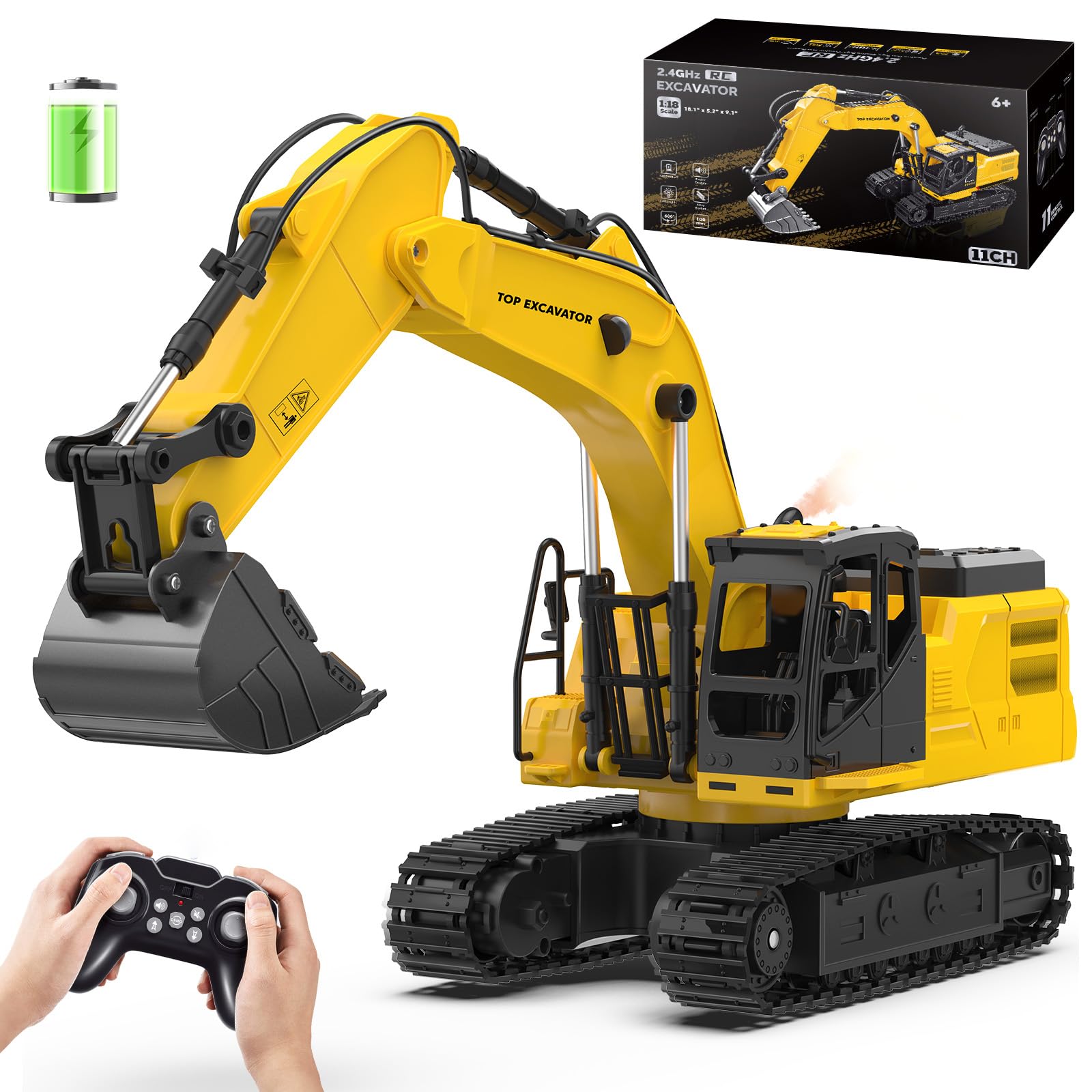 Photo 1 of 1:18 Remote Control Excavator Construction Toys for Boys, [2025 Upgraded] 2.4GHz RC Excavator Toy with Metal Shovel for Boys 6+ Kids Birthday, Dual Batteries/100+Mins/Spray/Sound/Light/11-Channel