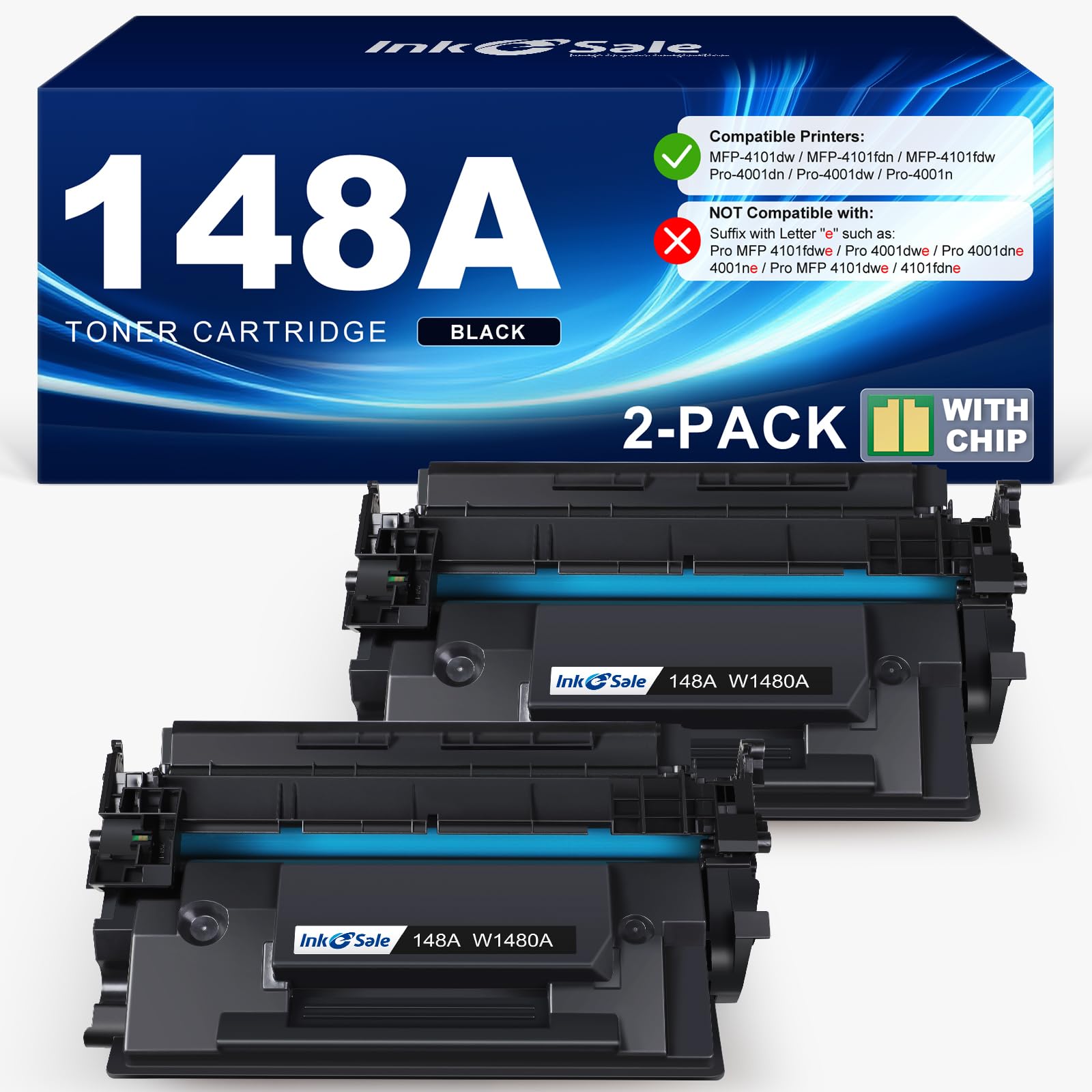 Photo 1 of INK E-SALE 148A Toner Cartridge Black 4001n 4101fdw (with Chip) Compatible Replacement for HP 148 148A 148X W1480A W1480X for HP Pro MFP 4101fdw 4101fdn 4001dw 4001dn 4001n Printer (2 Pack)
