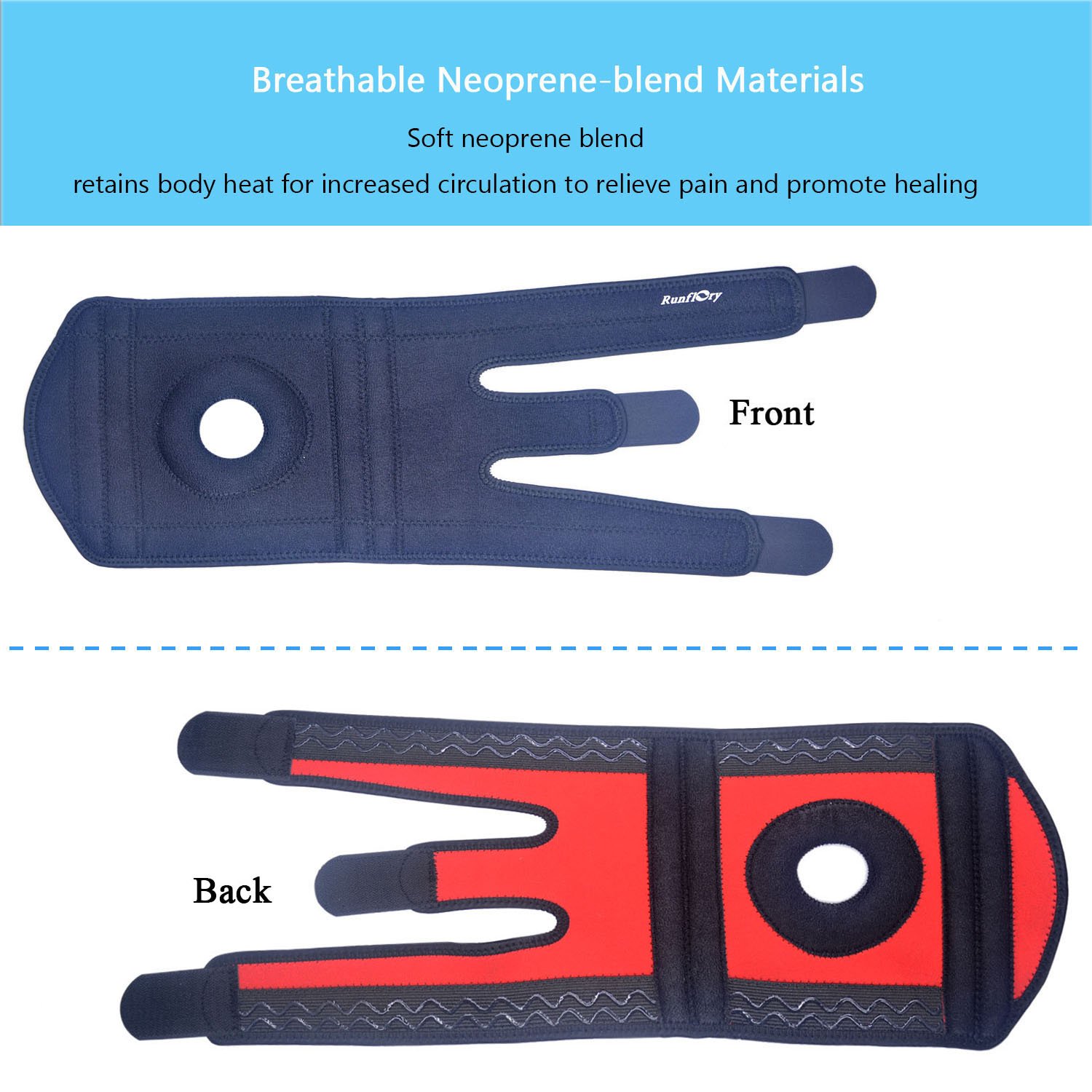 Runflory Knee Support Brace, Adjustable Open Patella Stabilizer Non-slip Neoprene Knee Support Protector w 4 Spring Stays for Compression, ACL, Meniscus Tear, Arthritis - Helps Stabilising & Recovery