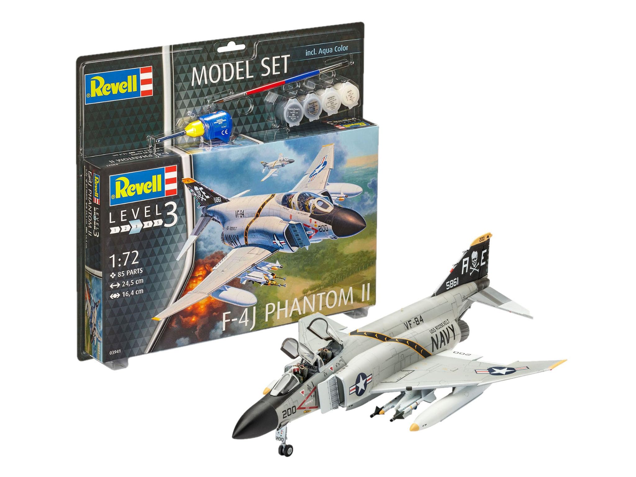Revell Model Set 63941 F-4J Phantom II 1:72 Scale Unbuilt/Unpainted Plastic Model Kit with Contacta Professional Glue, Paintbrush & Selected Aqua Color Paints