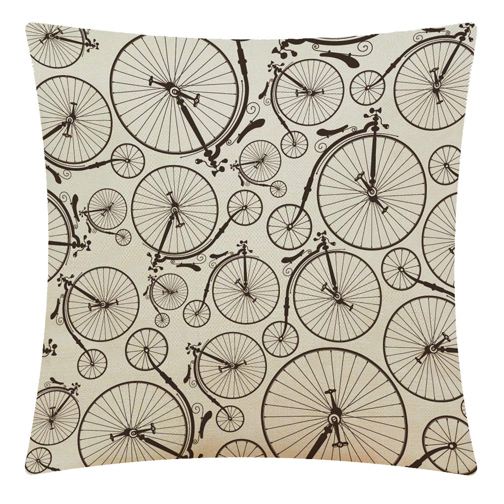 CANSEGO Vintage High Wheeler Bicycle Pattern Throw Pillow Case,Cotton Linen Cushion Cover Square Standard Home Decorative for Sofa Bedroom Men/Women 18x18 Inch