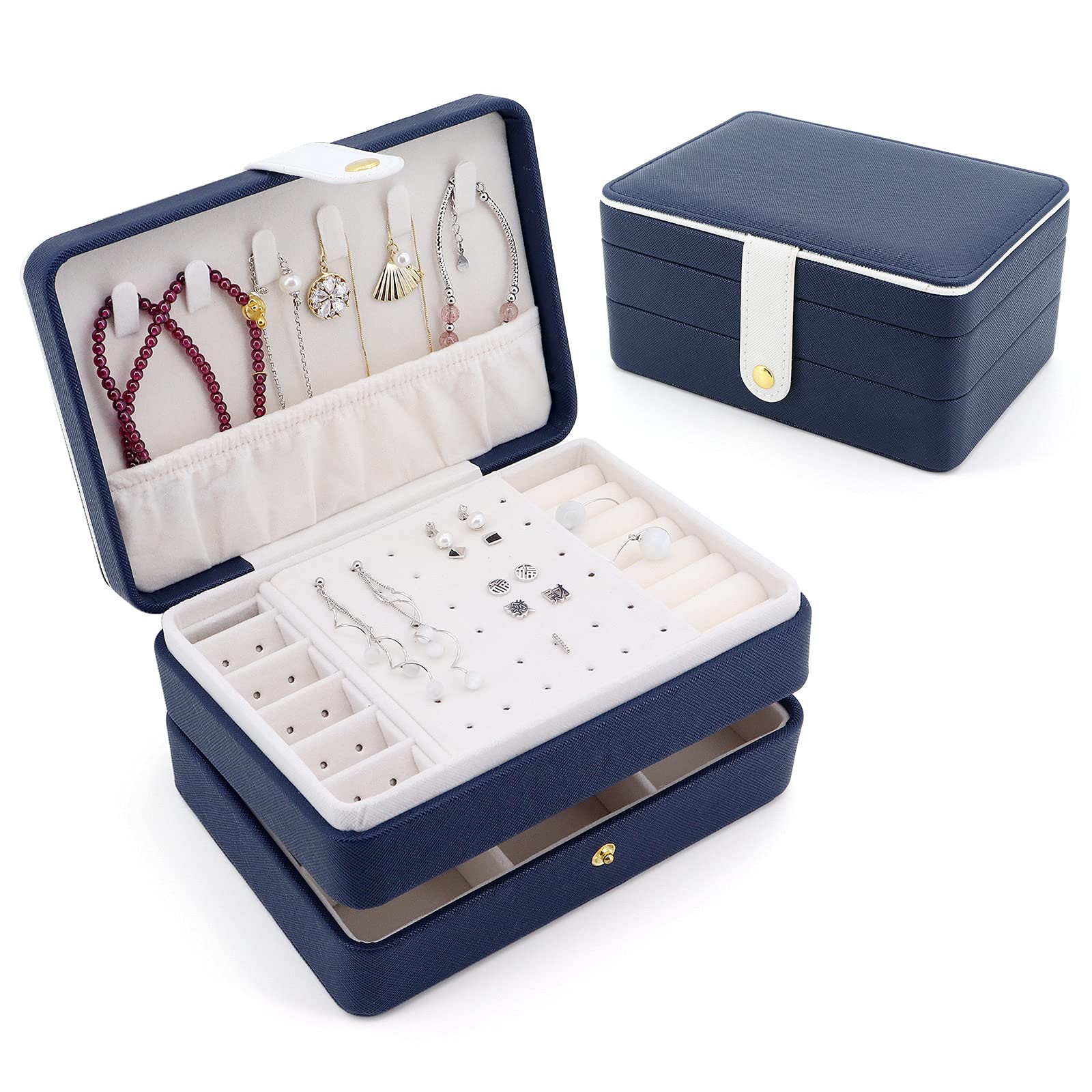 Beowanzk Travel Jewellery Box, Travel Jewellery Organiser, Jewelry Organiser for Women, Leather Jewelry Box, Moisture-Proof Storage, Portable Travel, Anti-Necklace Tangle Blue