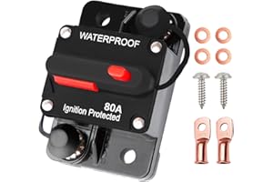 Tiwerlfe 80 Amp Circuit Breaker Manual Reset Waterproof Inline Fuse Inverter for Car ATV Marine Trolling Motors Boat Power Protect 12V-48V DC, with Wire Lugs Copper Washer Screw
