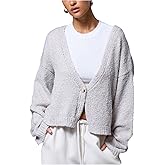 Milumia Women's Deep V Neck Fuzzy Cardigan Casual Drop Shoulder Long Sleeve Oversized Knitted Sweaters