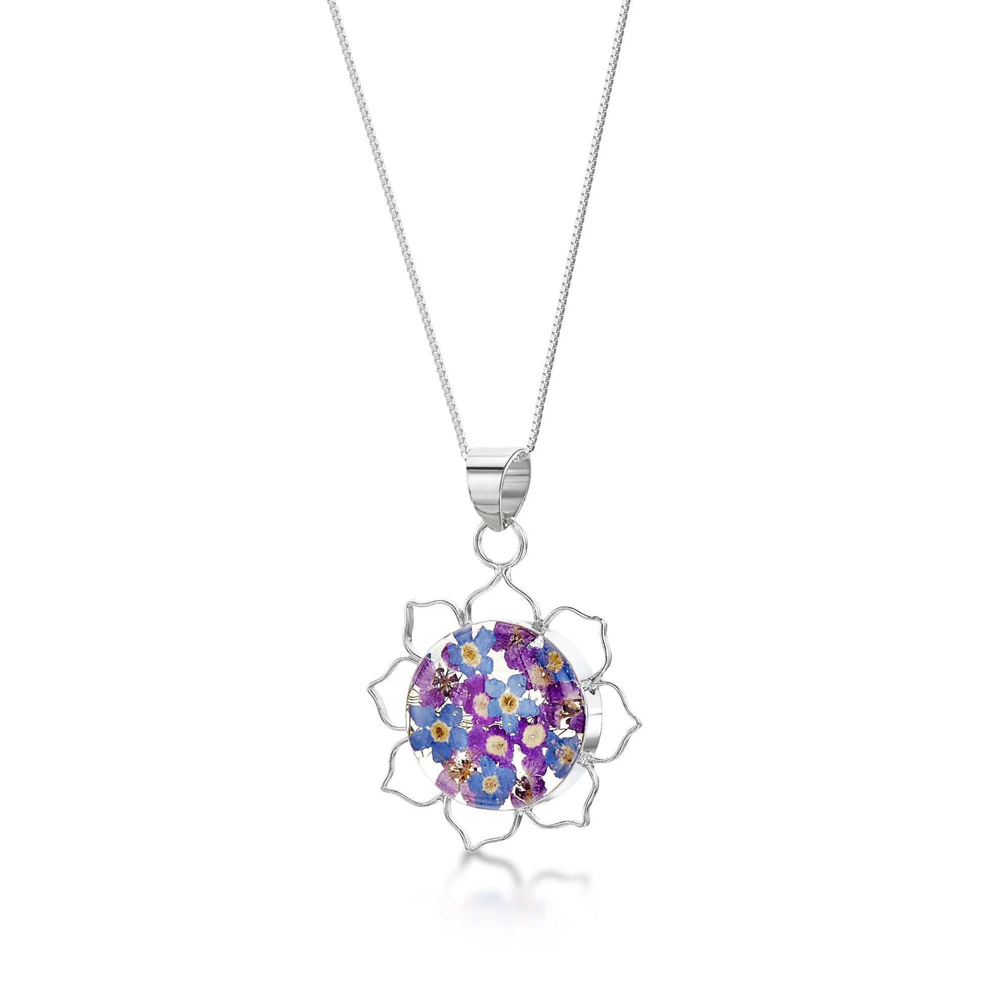 Shrieking Violet 925 Sterling Silver Lotus Flower Real Flower Pendant Necklace - Assorted Flowers (Purple Haze)
