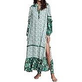 R.Vivimos Women's Long Sleeve Floral Print Bohemian Maxi Dresses with Slit