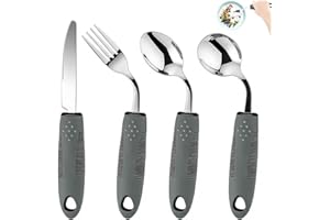 KintKita Adaptive Utensils for Elderly 4 Piece, 2.9 oz Weighted Silverware for Hand Tremors, 45°Angled Parkinsons Utensils for Elderly, Arthritis, Weak Hand Grip, Right-Handed Use
