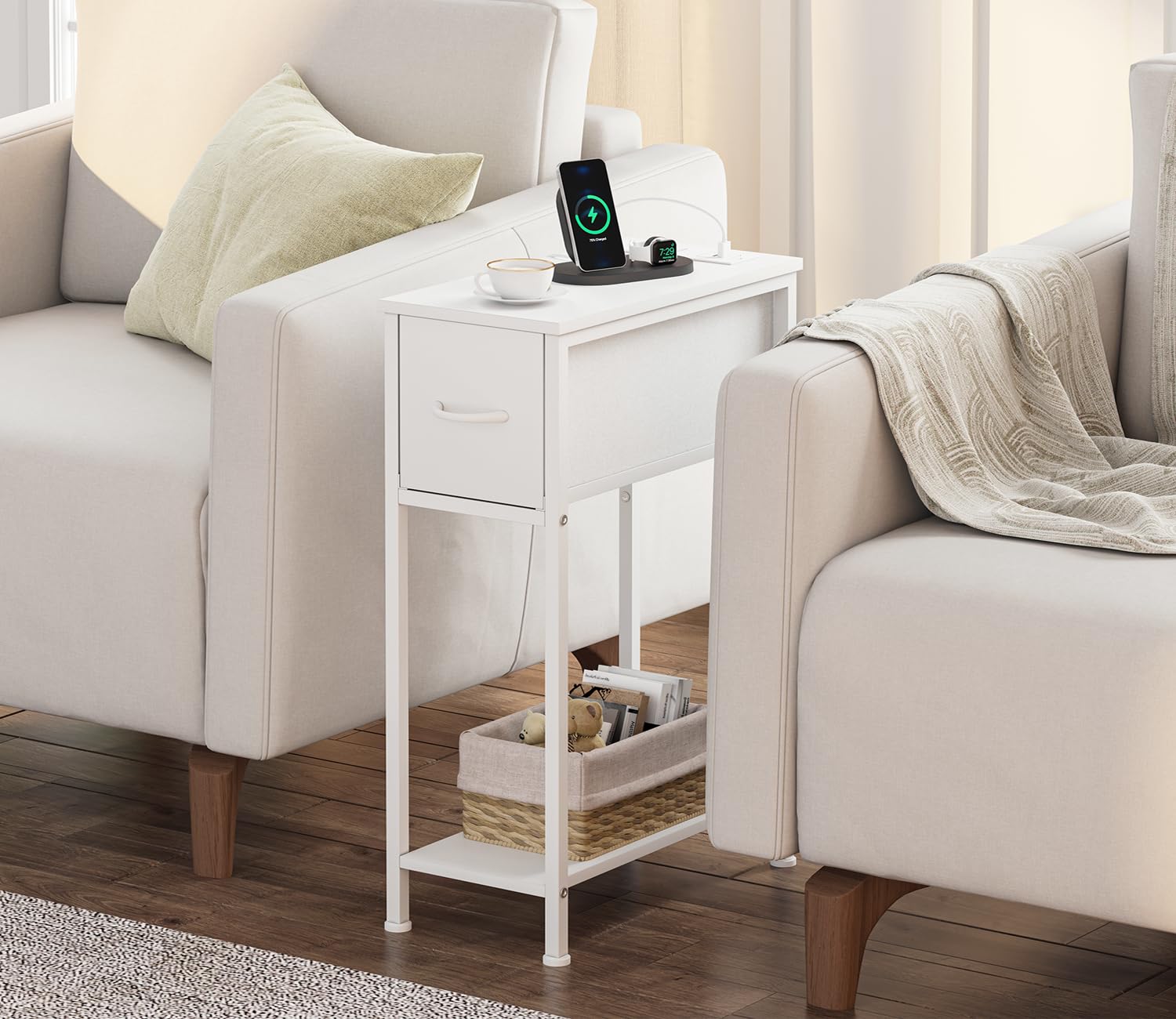 Condition photo showing New/Like New for vagusicc end table with charging station, narrow side table nightstand with fabric drawer, slim nigh