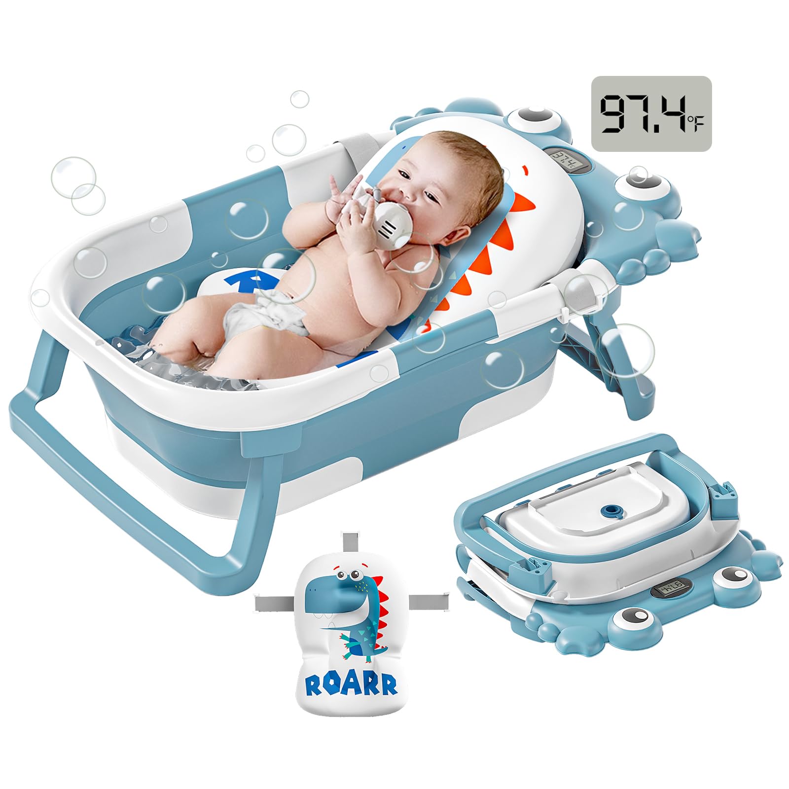 Photo 1 of Collapsible Baby Bathtub for Newborns to Toddler with Real-time Temp Monitor & Floating Cushion,Portable Travel Tub for 0-36 Month, Foldable Baby Bath Tub for Infants Boy (Light Blue)