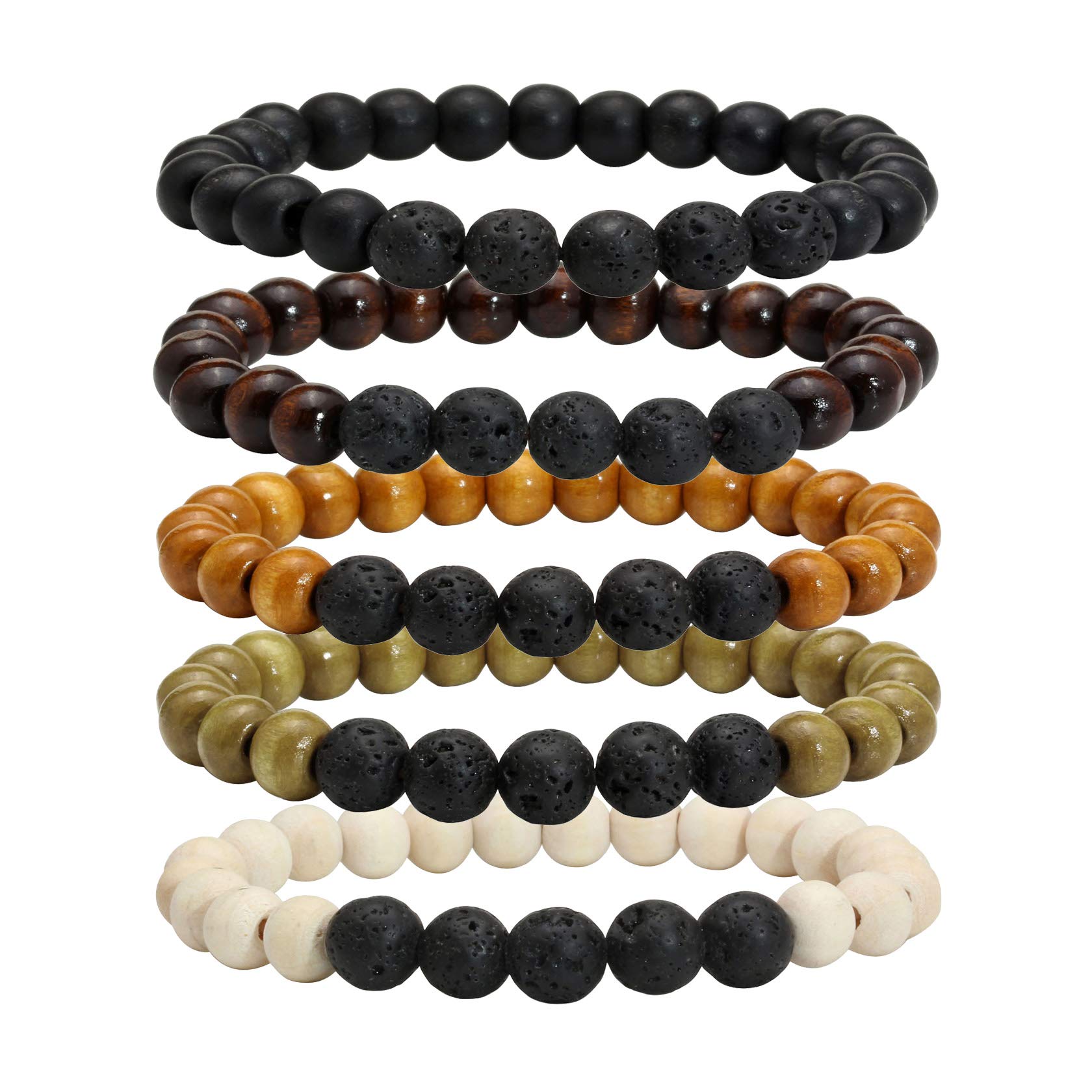 MILAKOO 5Pcs Wooden Bracelets for Women Men Lave Rock Stone Beaded Stretch Bracelet for Prayer Meditation
