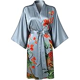 TicyLuck Women's Silk Kimono Robe Short Bathrobe Nightgown 100% Mulberry Silk for Women - Classic Floral Pattern
