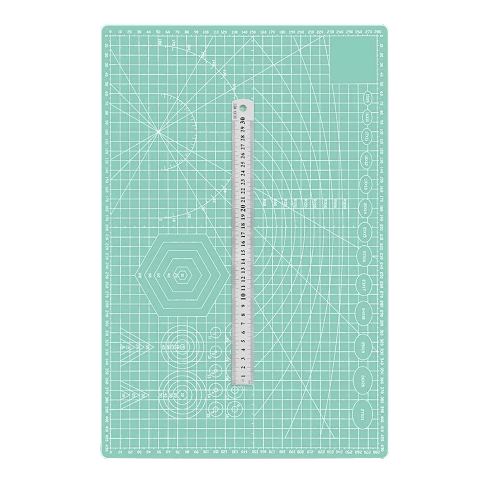 TEN-HIGH A2 Self-Healing Cutting Mat, Light Green, 2 mm Thick, Craft Mat, 45 cm x 30 cm, with Steel Ruler