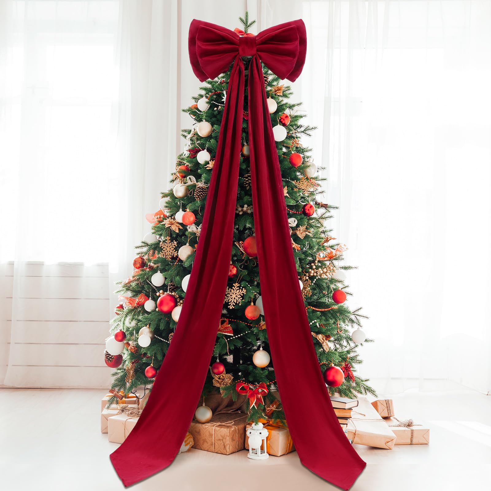 Photo 1 of Wavwavw Giant Bow Decor Christmas Tree Topper Decoration Big Bows for Room Wall Backdrop 75x18 Inch Ribbon Tie for Wedding Christmas Fall Birthday Party Baby Shower Supplies(Wine Red,Velvet)